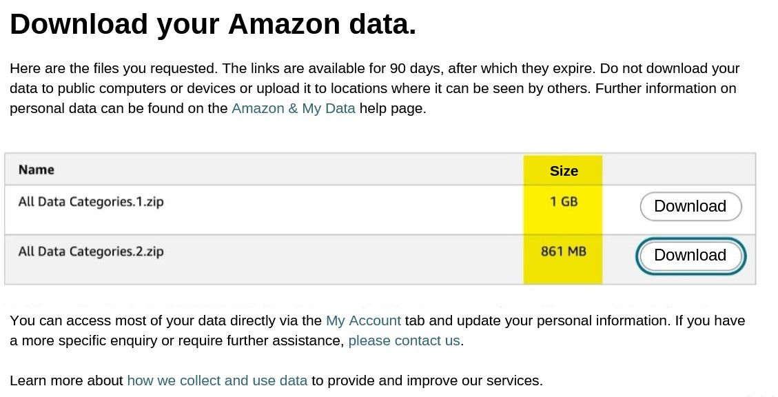 Amazon Data File Size