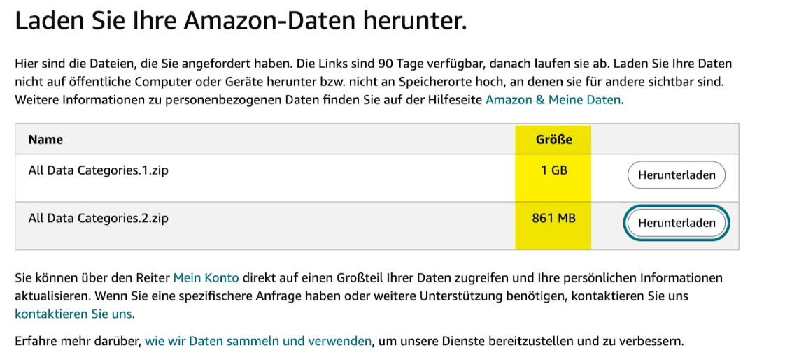 Amazon-Daten Größe