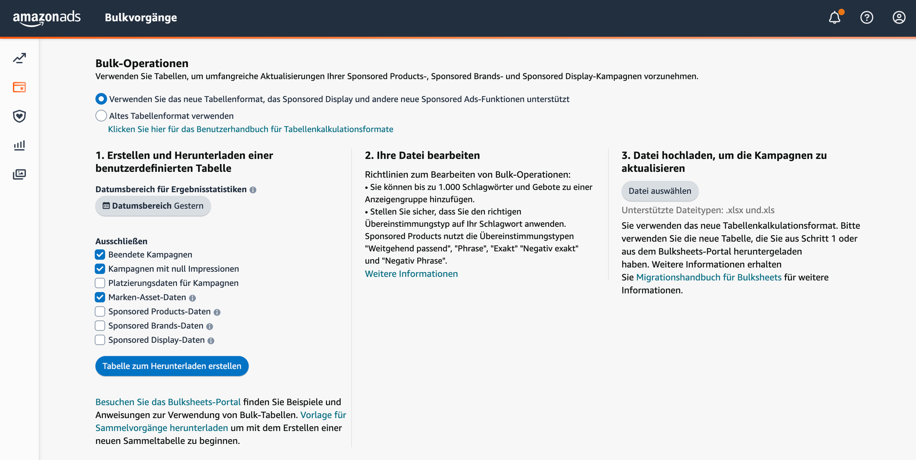 Bulk-Operationen in der Amazon Advertising Console