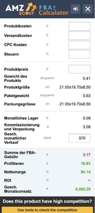 AMZScout FBA Calculator für Amazon Gebührenberechnung
