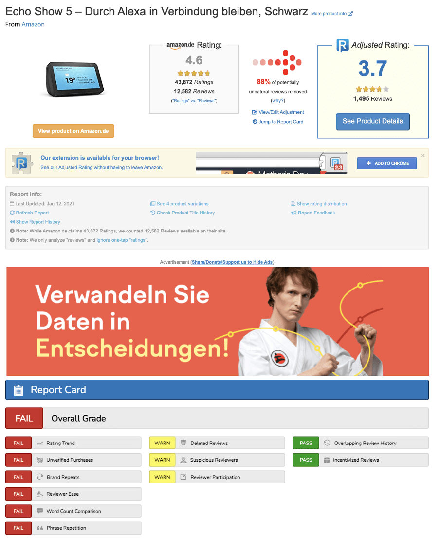 ReviewMeta Amazon Fake-Bewertungen Analyse Tool