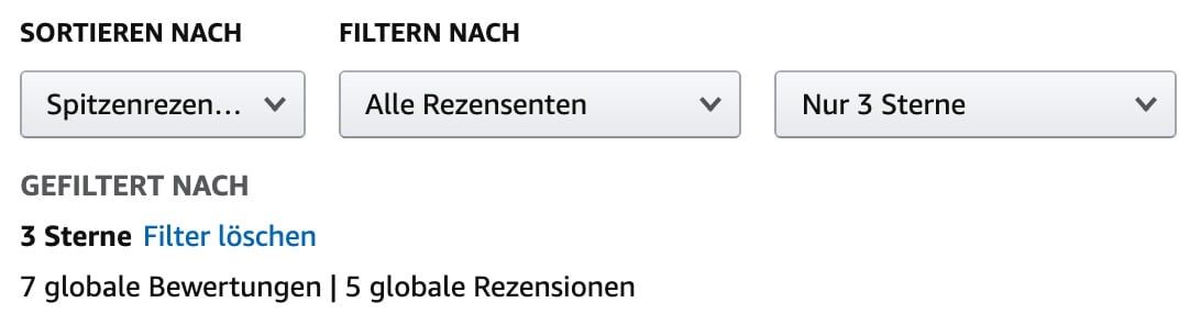 Anzahl der 3 Sterne Bewertungen und davon Rezensionen