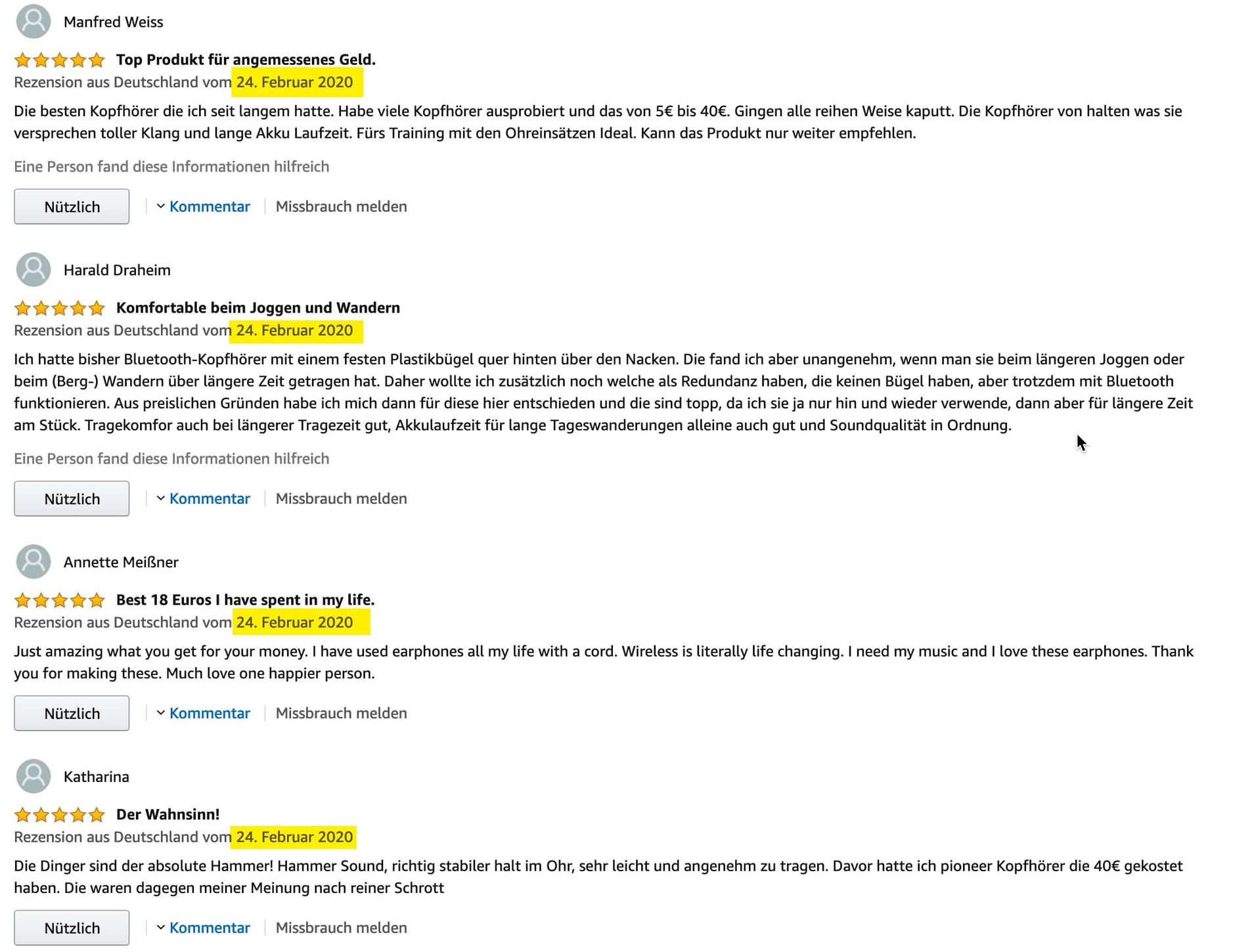 Unverifizierte Fake Rezensionen alle vom gleichen Tag mit 5 Sternen