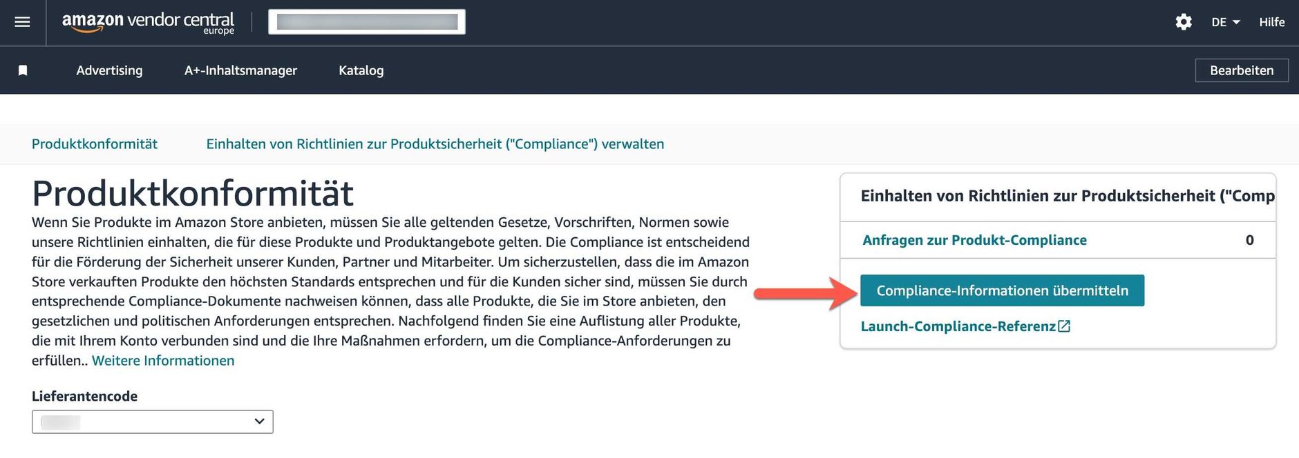 Amazon Vendor Central Produktkonformität Compliance-Button