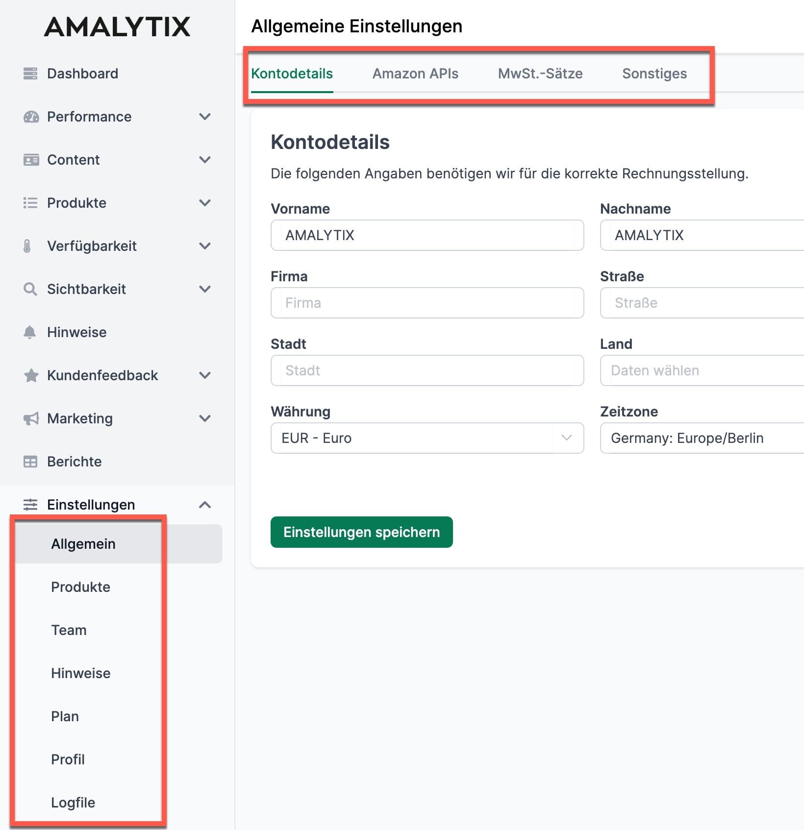 AMALYTIX Einstellungen