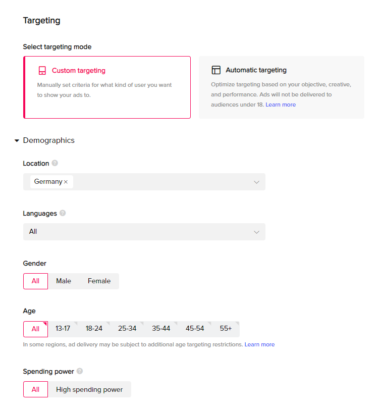 Setting options for targeting