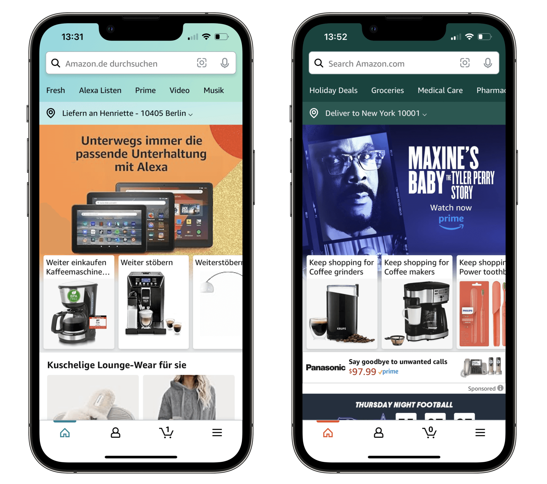 Vergleich der Navigation zwischen deutscher und amerikanischer Amazon-App