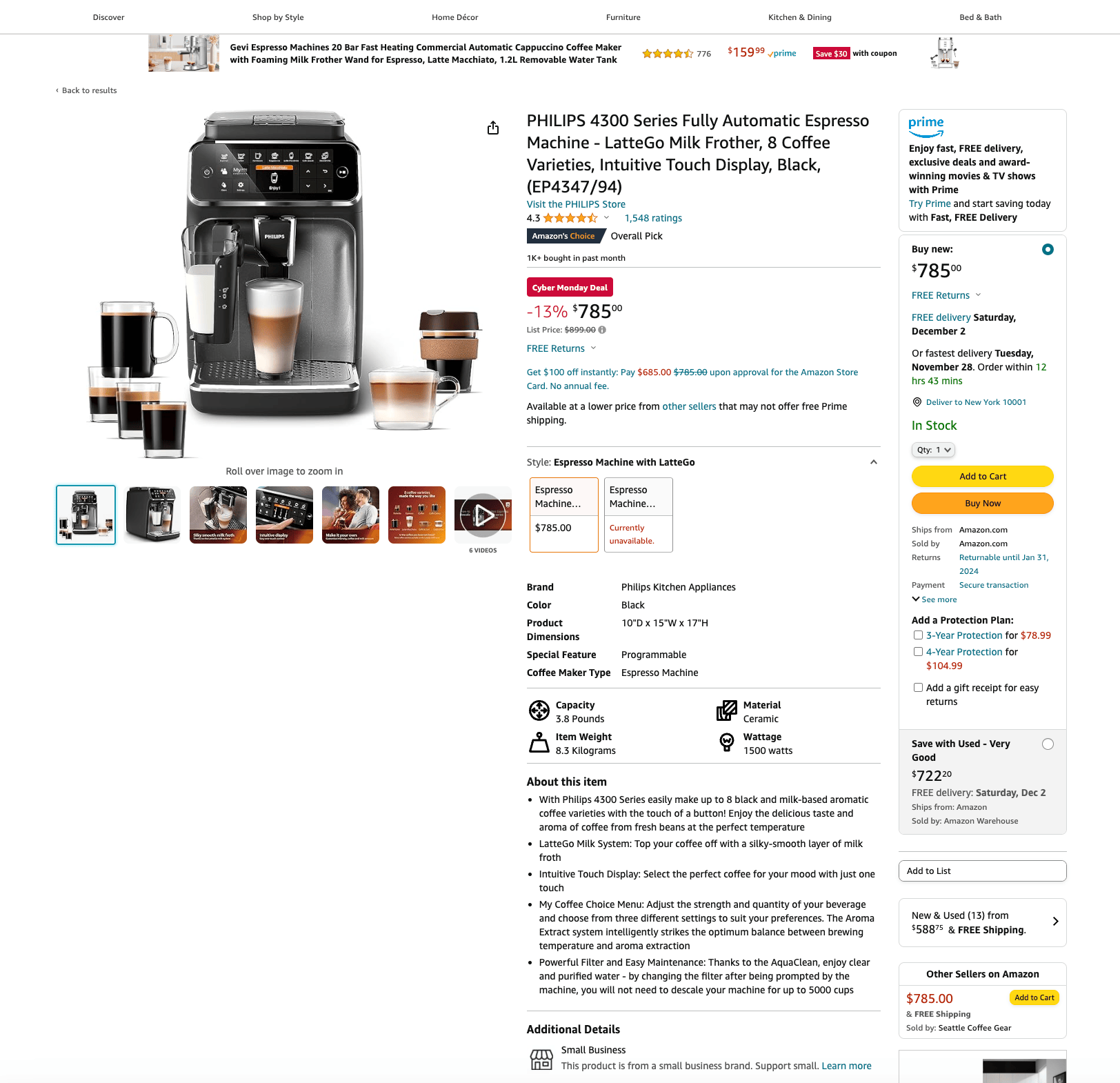 Amazon USA Produktdetailseite mit Videointegration und erweiterten Features