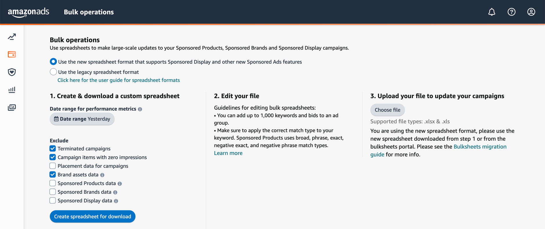Amazon Bulk sheets in Amazon's advertising console