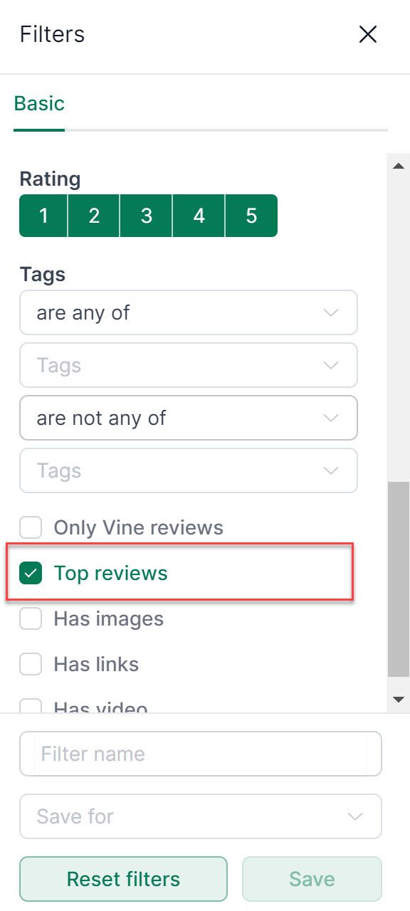 AMALYTIX filter options for Amazon top reviews analysis