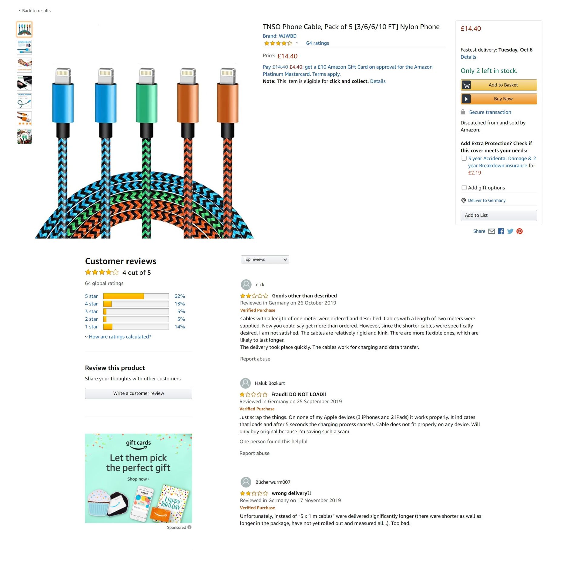 Fake iPhone cable listing on Amazon with misleading product images