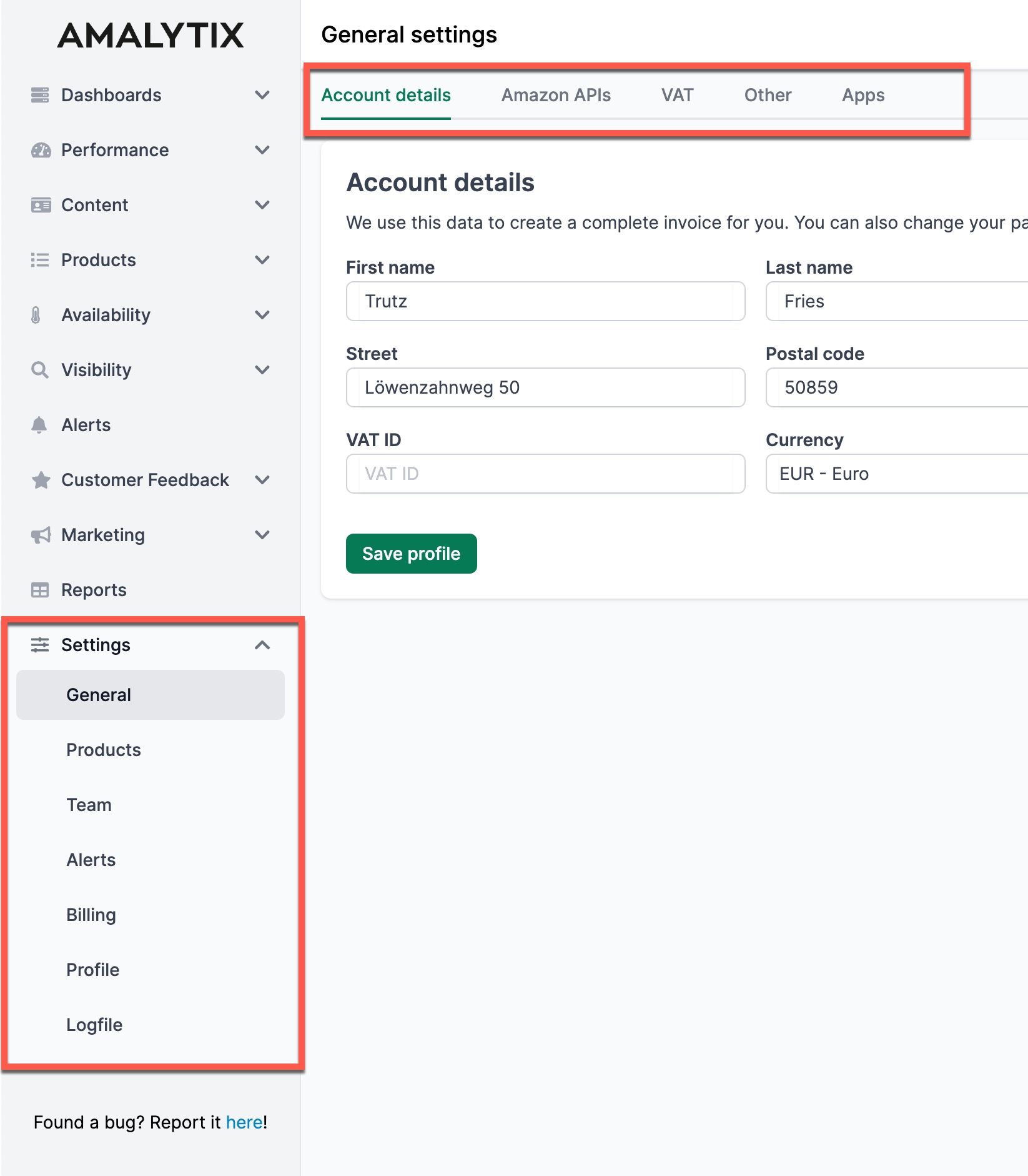 AMALYTIX Settings