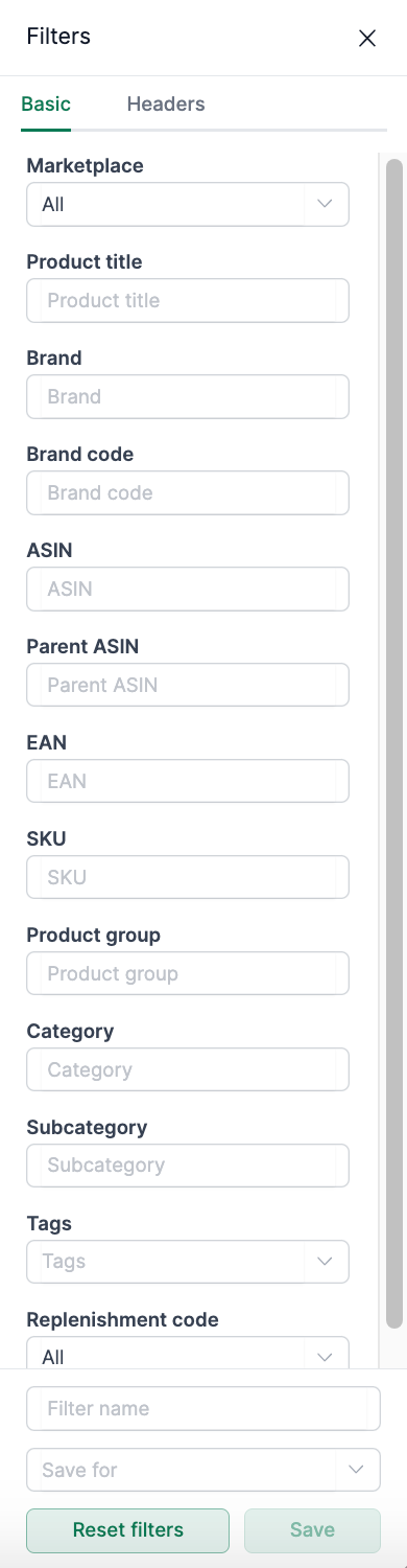 Filter options in the Amazon vendor inventory in AMALYTIX