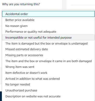 Amazon customer return interface showing problem reporting options