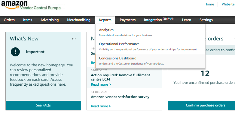 Concessions Dashboard in Vendor Central