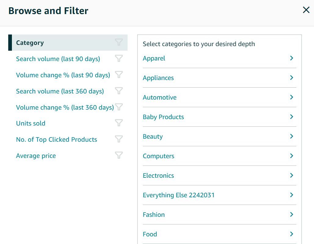 Product Opportunity Explorer browse and filter interface with category options