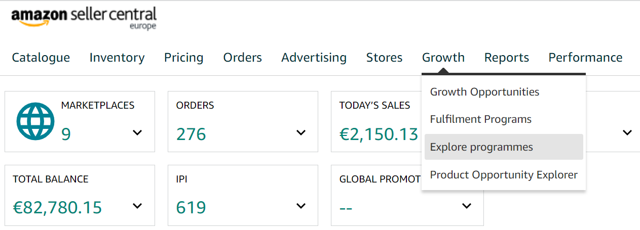 Amazon Product Opportunity Explorer location in Seller Central growth menu