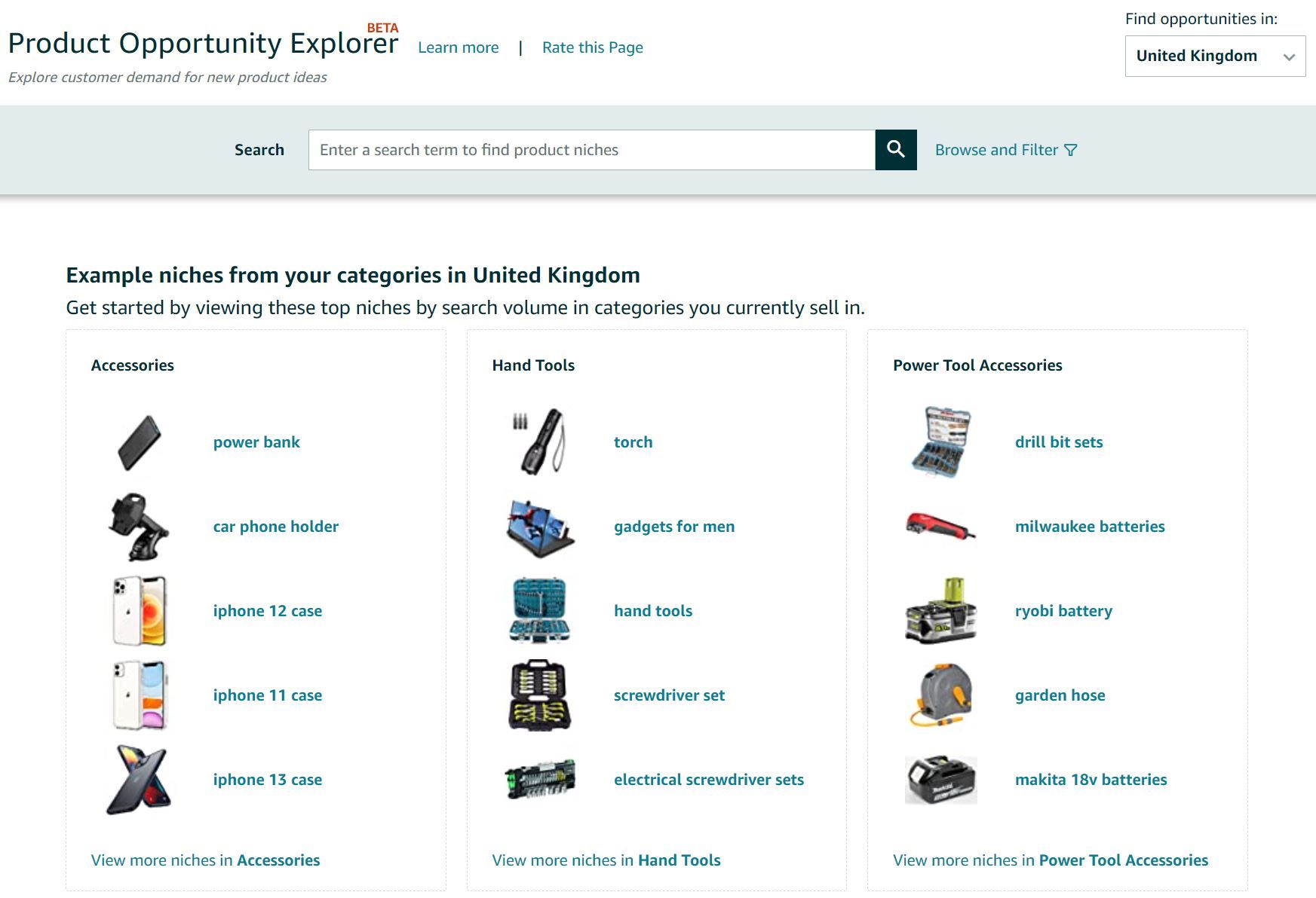 Amazon Product Opportunity Explorer dashboard showing example niches and search functionality