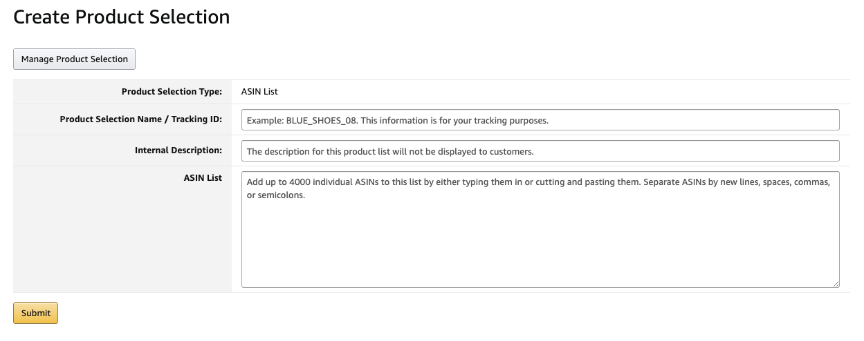 Product selection form (Seller Central)