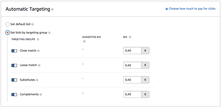 Set bids by targeting group