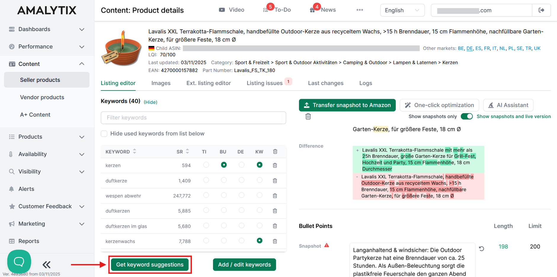 Amazon Keyword Research in AMALYTIX