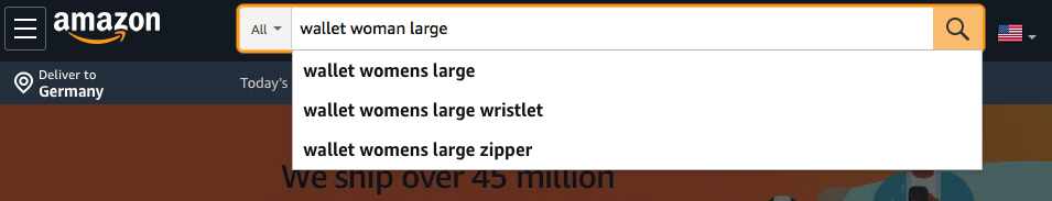 Image of the Amazon search bar with the keyword wallet ladies large as an example of refined keyword research with Amazon Suggest