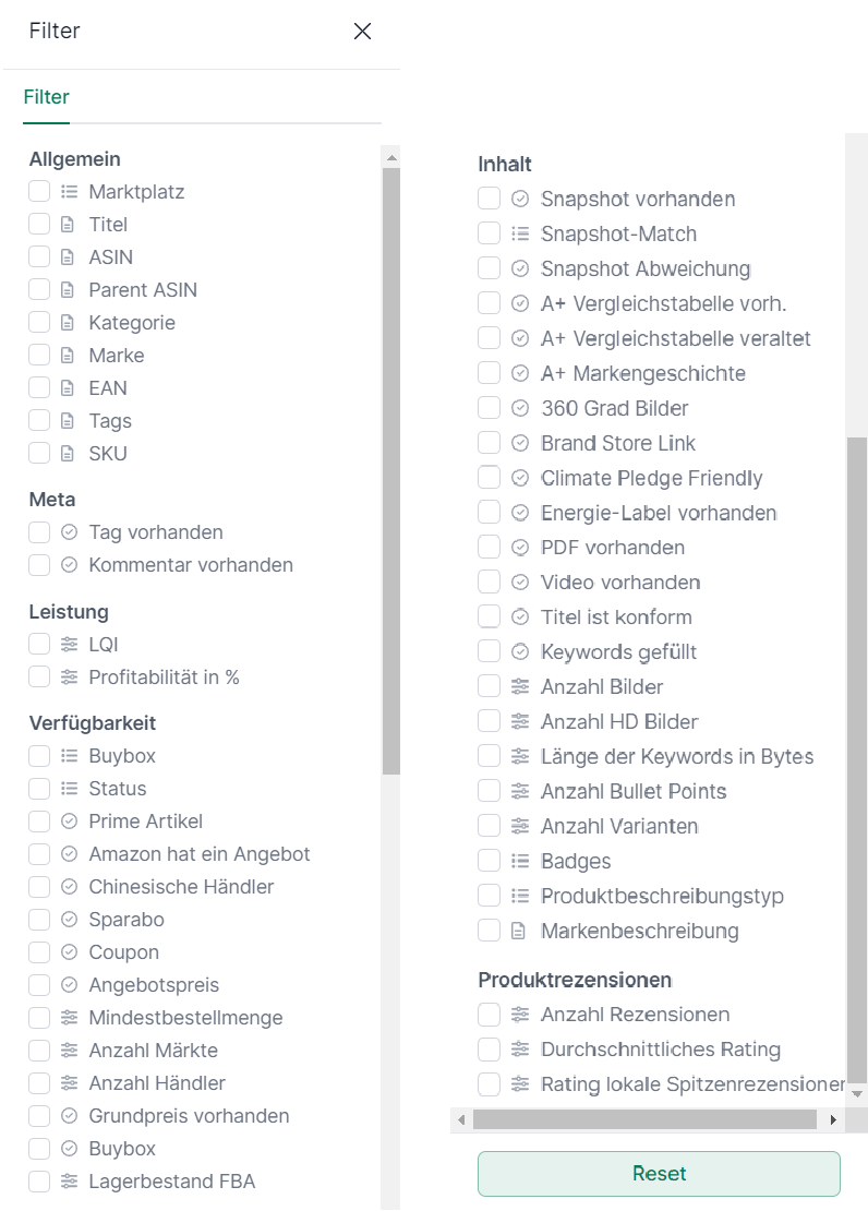 Filtermöglichkeiten im Amazon Dashboard in AMALYTIX
