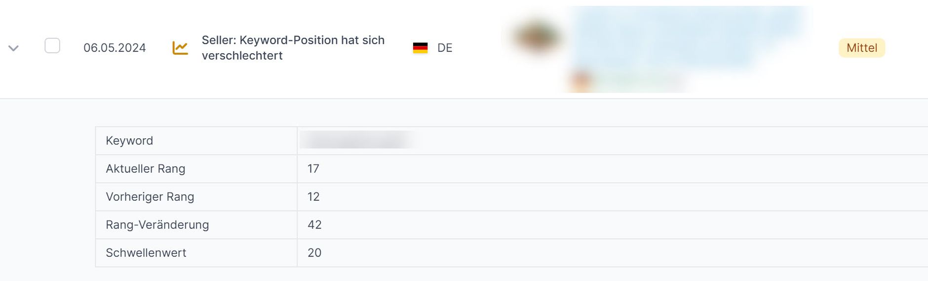 Amazon Hinweis Keyword-Position hat sich verschlechtert zusätzliche Angaben