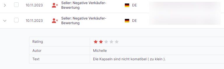 Amazon Hinweis Negative Verkäufer-Bewertung zusätzliche Angaben