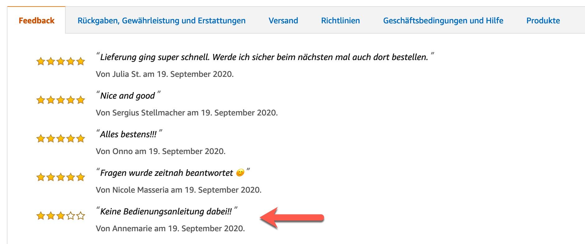 Amazon Hinweis Negative Verkäufer-Bewertung