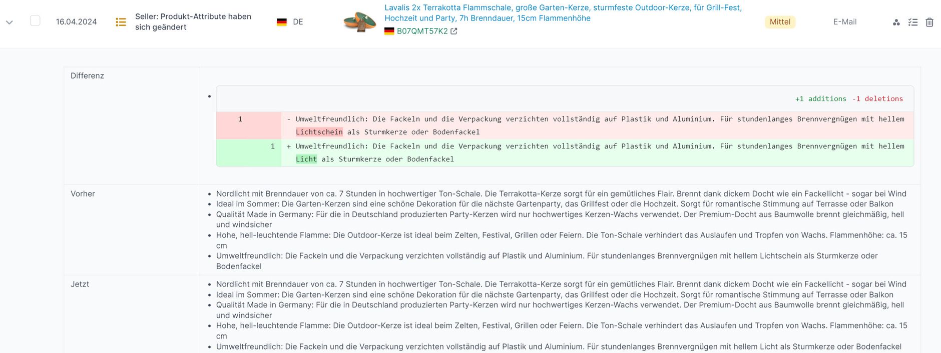 Amazon Hinweis Produkt-Attribute haben sich geändert zusätzliche Angaben