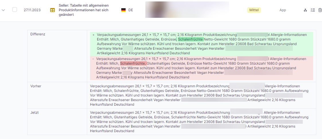 Amazon Hinweis Tabelle mit allgemeinen Produktinformationen hat sich geändert