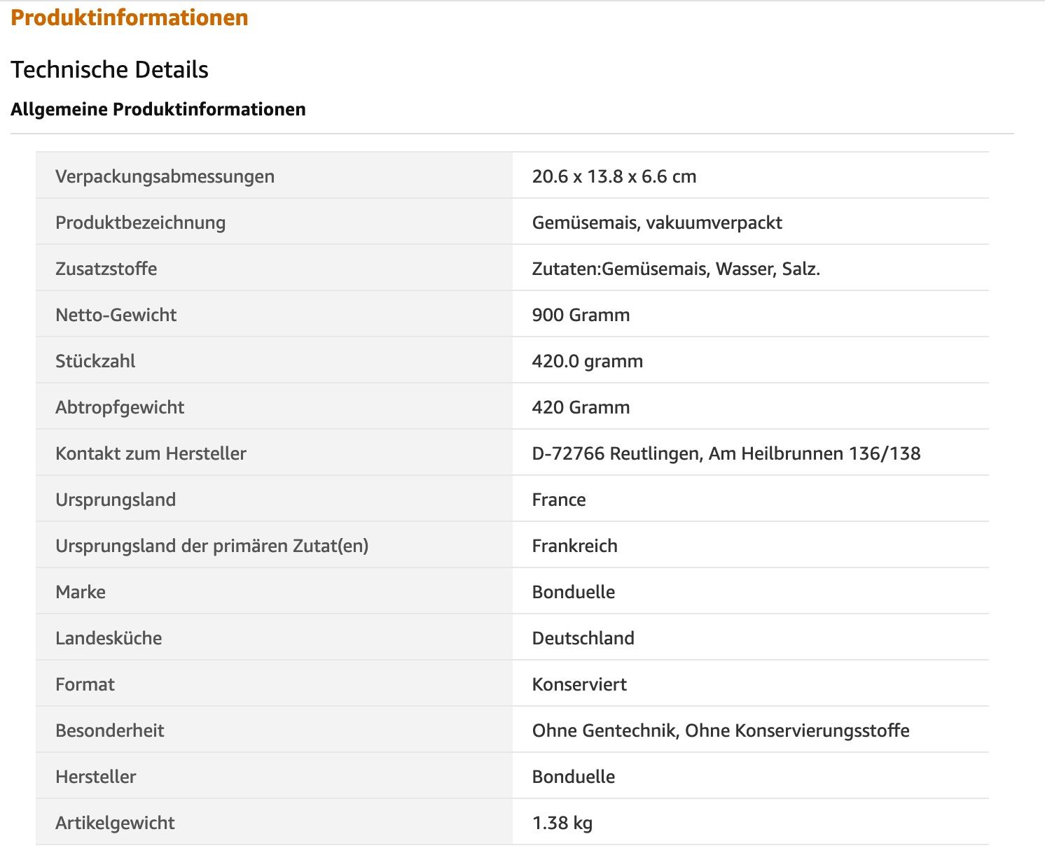 Amazon Hinweis Tabelle mit allgemeinen Produktinformationen hat sich geändert