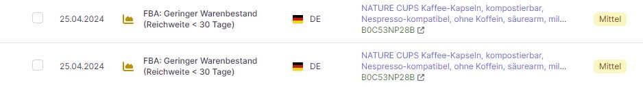 Amazon Hinweis FBA geringer Warenbestand < 30 Tage