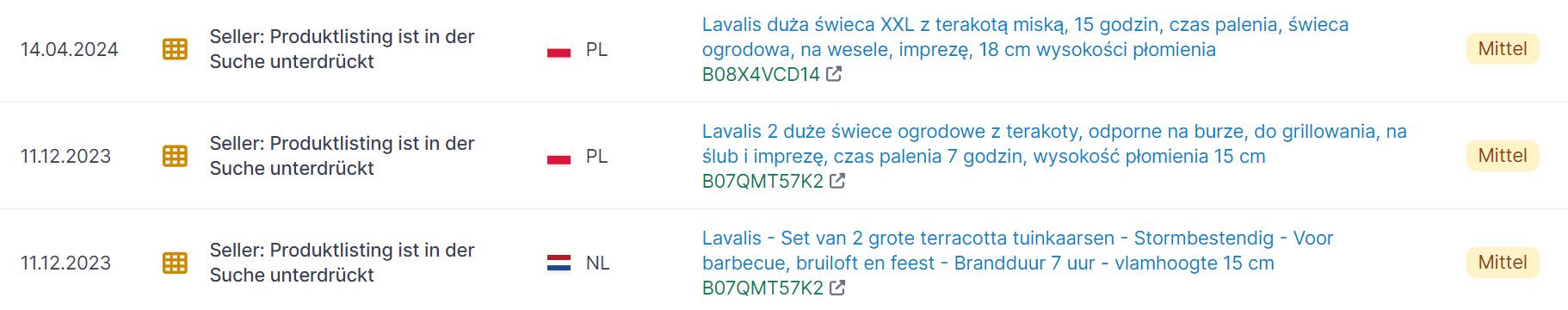 Amazon Hinweis Produktlisting in der Suche unterdrückt