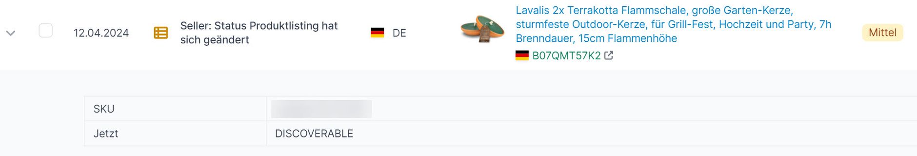 Amazon Hinweis Status Produktlisting hat sich geändert