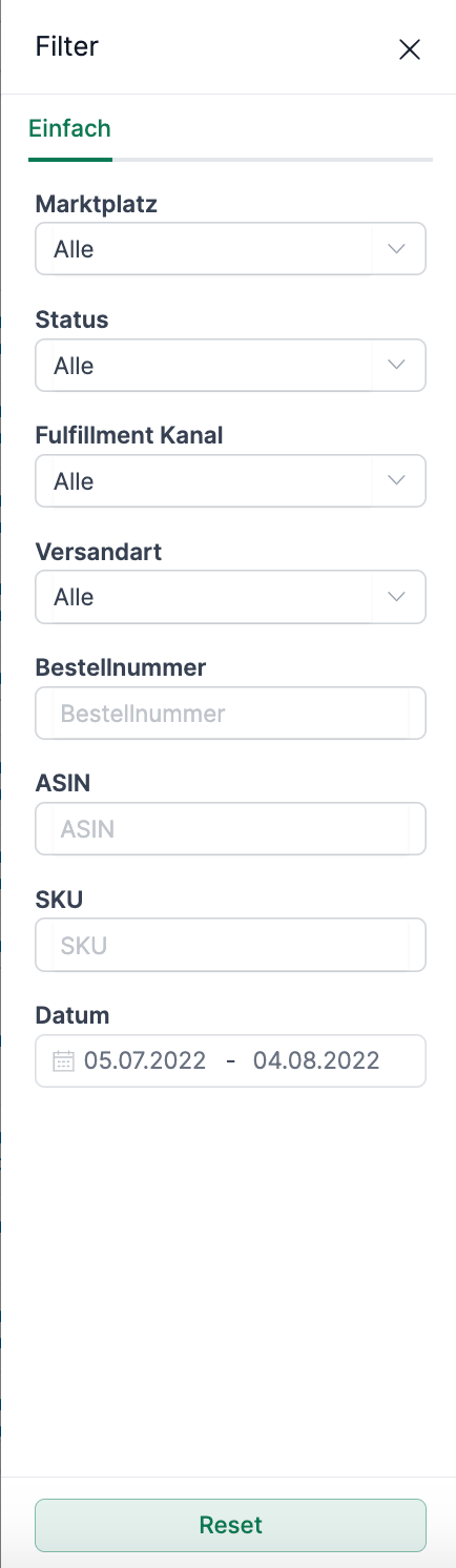 AMALYTIX Seller Bestellungen Filteroptionen