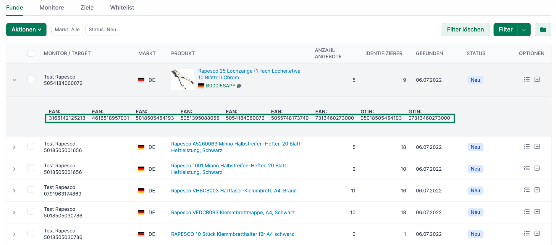 AMALYTIX Seller Produkte Spaltenauswahl
