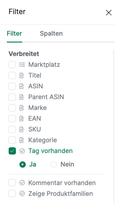 AMALYTIX Seller Produkte Tag Filter