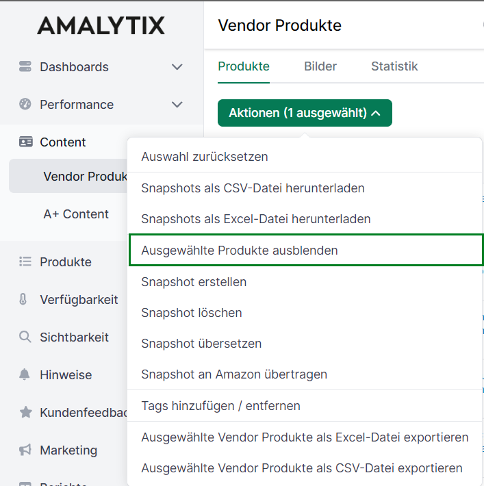 Amalytix Seller Produkte verbergen