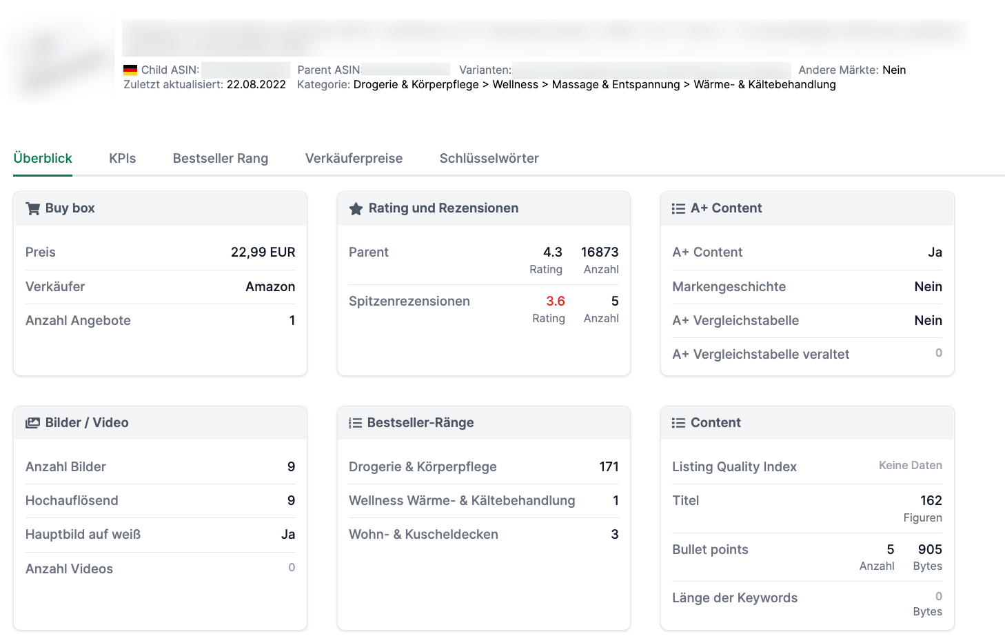 Detailseite eines Produkts in AMALYTIX