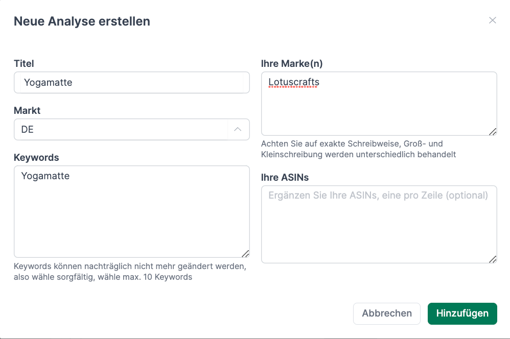 Neue Analyse erstellen