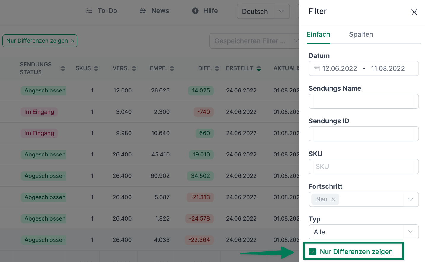 AMALYTIX nach Differenzen filtern