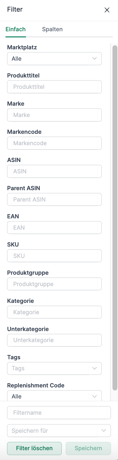 Amazon Vendor Filteroptionen