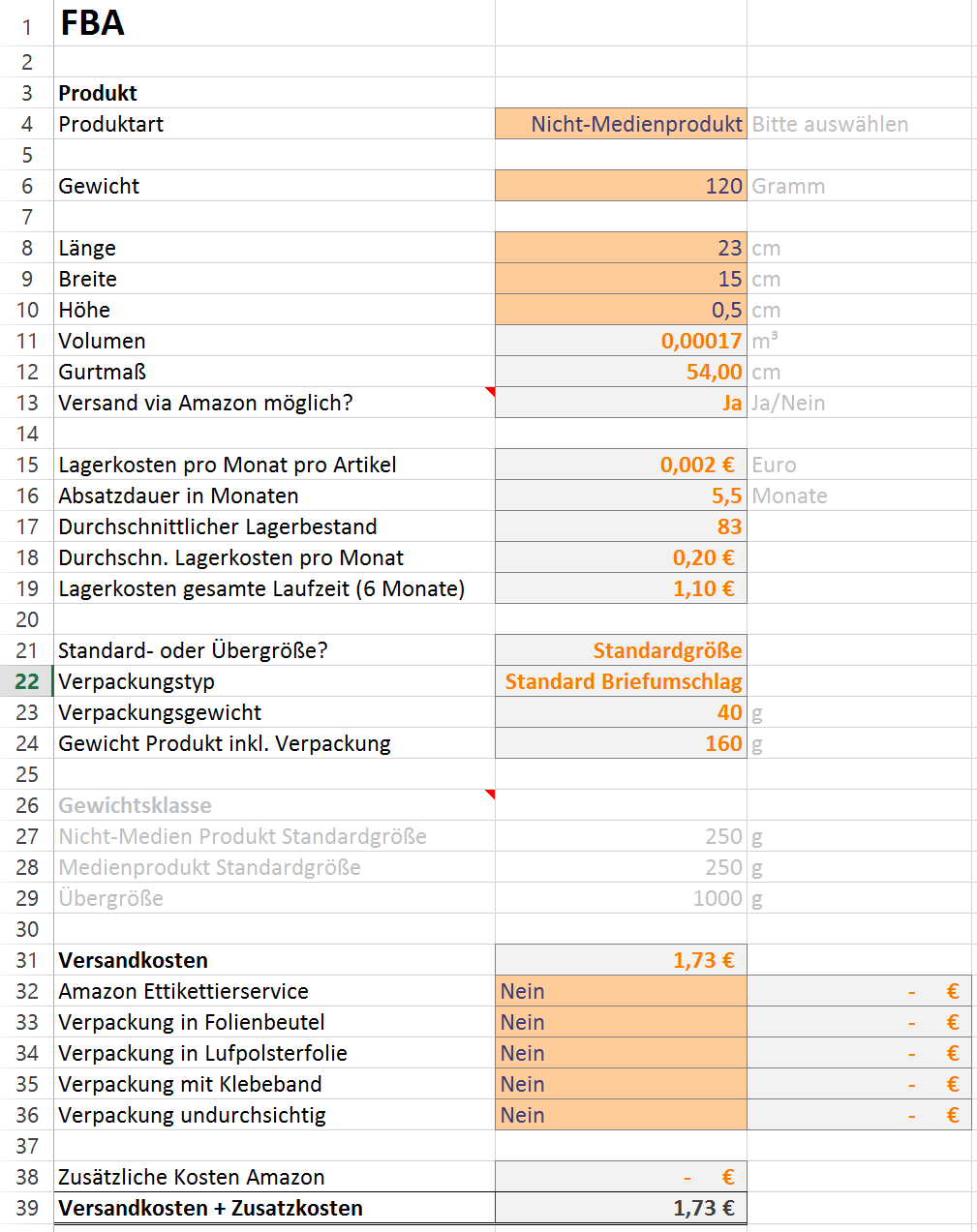 FBA-spezifische Angaben und Versandkosten im Amazon Rechner