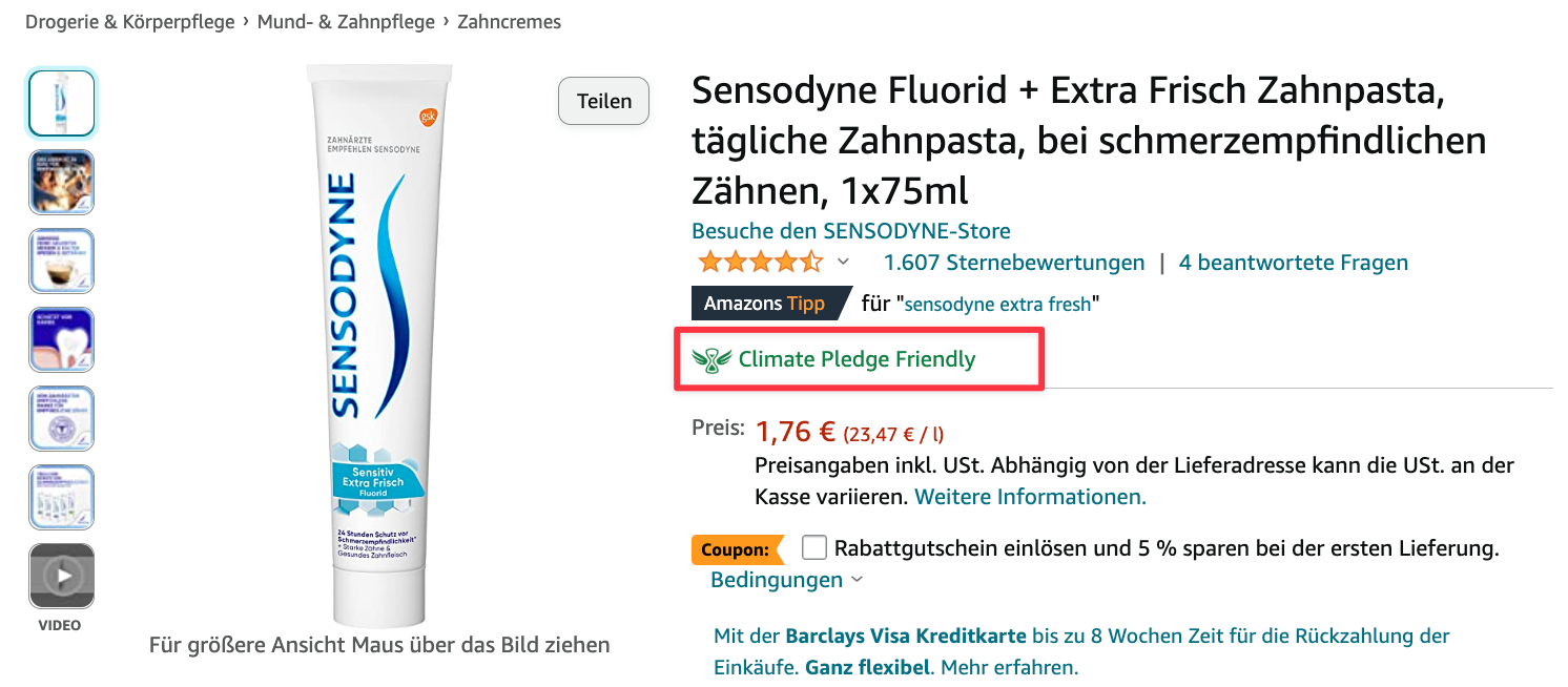 Beispiel für das Climate Pledge Friendly Abzeichen auf der Produktdetailseite