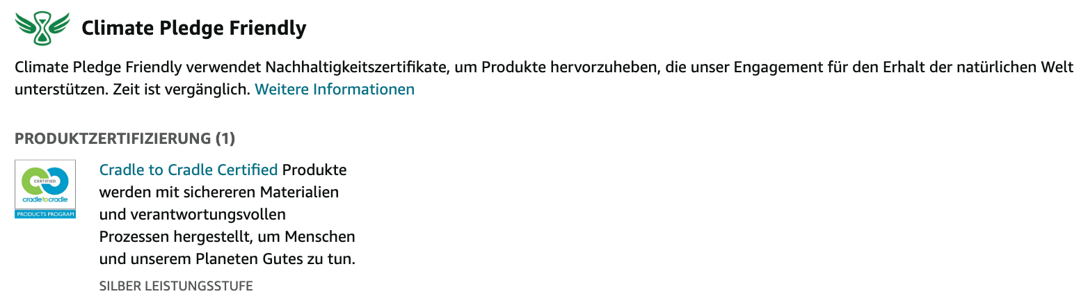 Anzeige der Zertifizierung, die hinter dem Climate Pledge Friendly Abzeichen steckt