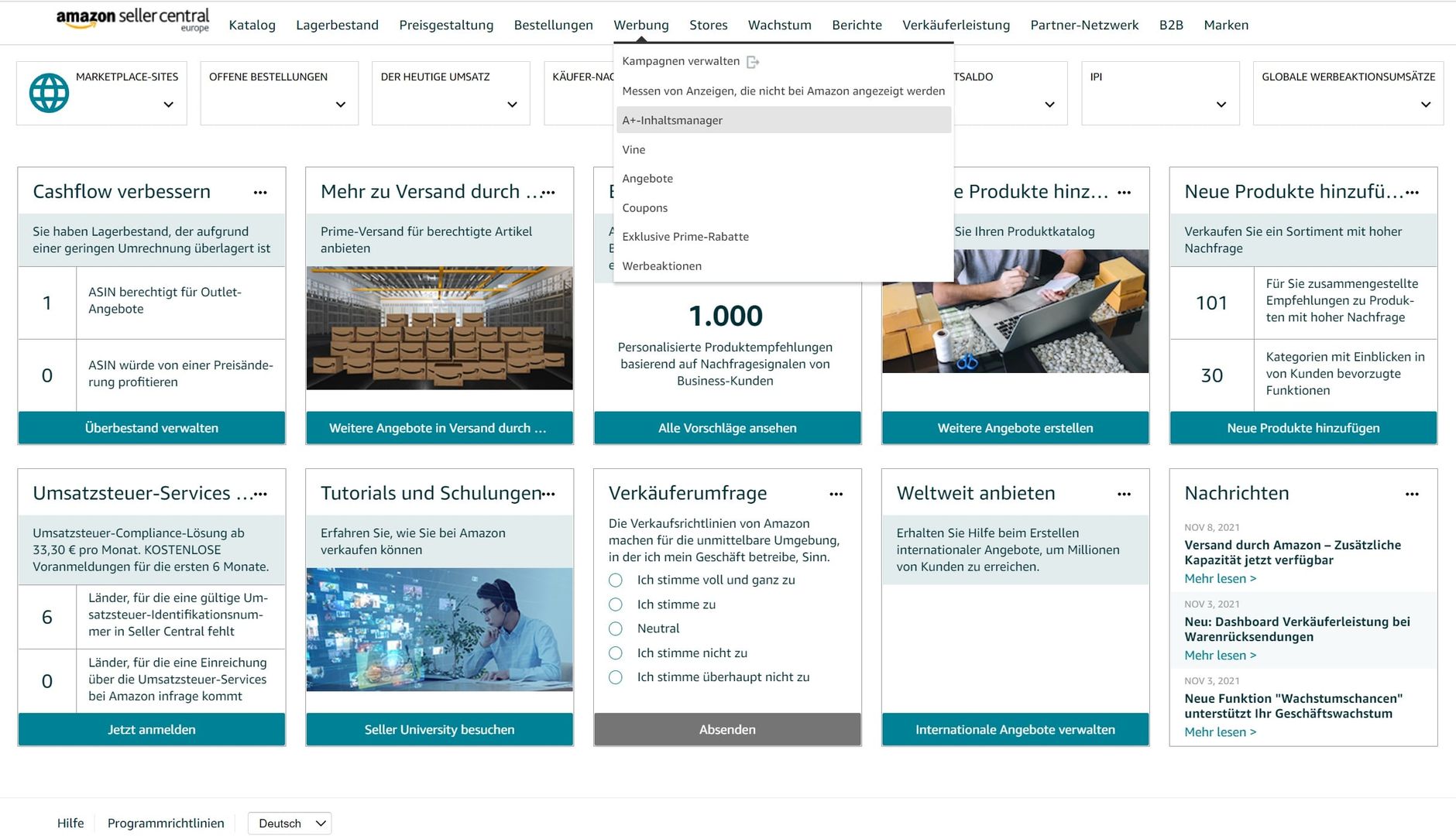 Hier finden Sie in Seller Central den A+ Inhaltsmanager