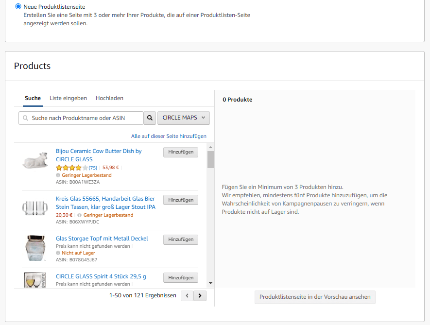 Verlinkung der Sponsored Brands Anzeige zu einer Produktlistenseite
