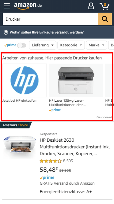Beispiel von Amazon Sponsored Brands Anzeigen über den Suchergebnissen in mobiler Ansicht